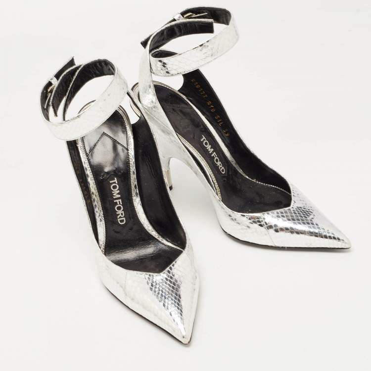 Pre Owned Tom Ford Silver Python Embossed Leather Ankle Strap Wedge Pumps Size 39