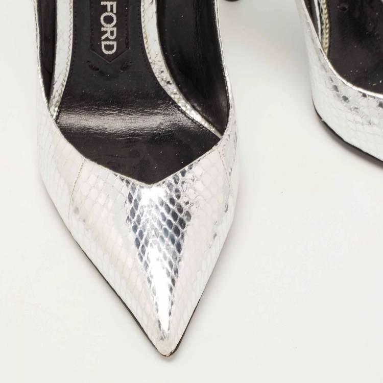 Pre Owned Tom Ford Silver Python Embossed Leather Ankle Strap Wedge Pumps Size 39