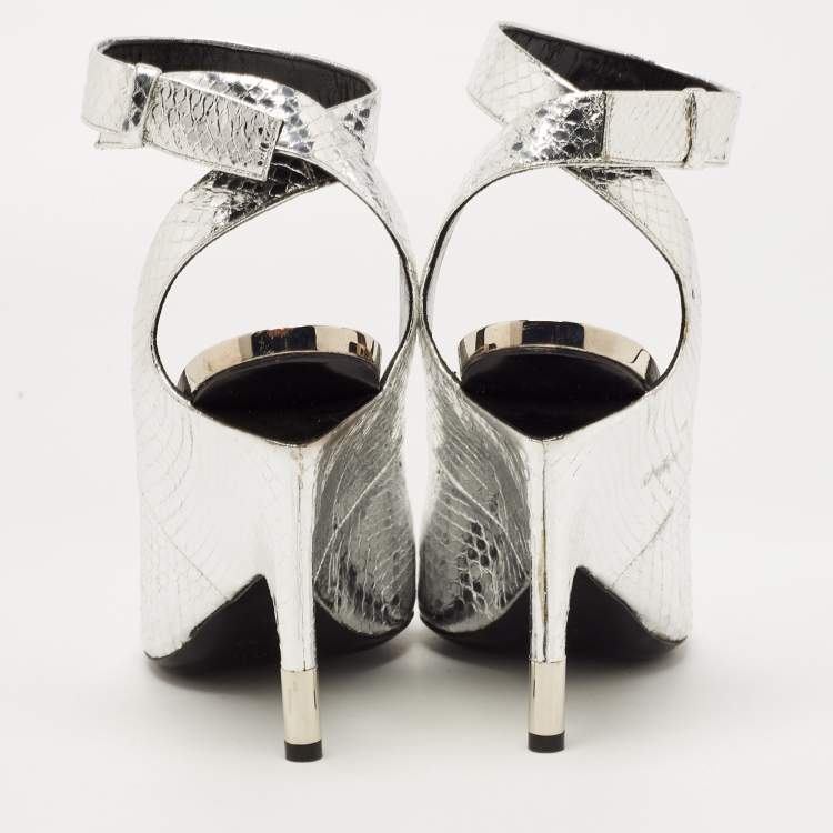 Pre Owned Tom Ford Silver Python Embossed Leather Ankle Strap Wedge Pumps Size 39