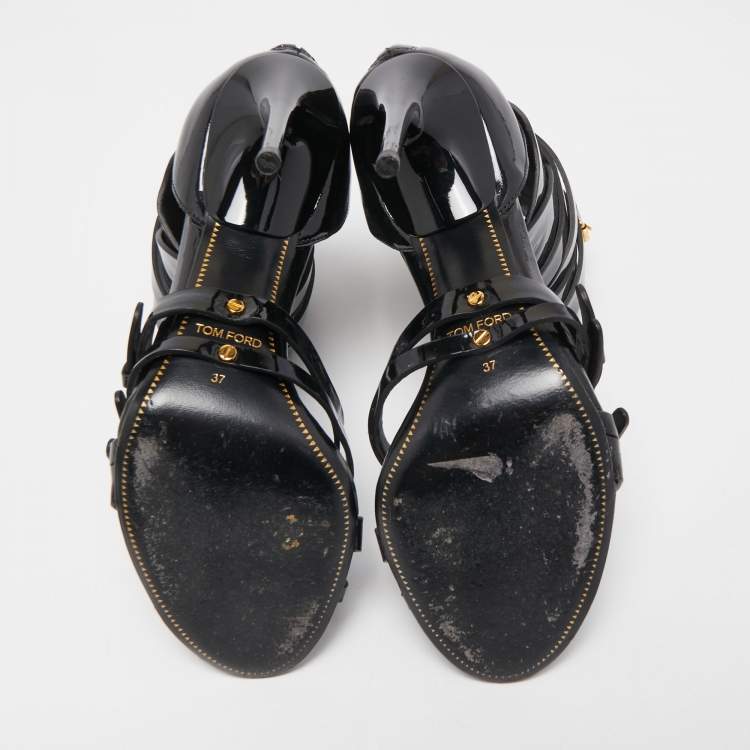 Pre Owned Tom Ford Black Patent Leather Triple Buckle Ankle Cuff Sandals Size 37