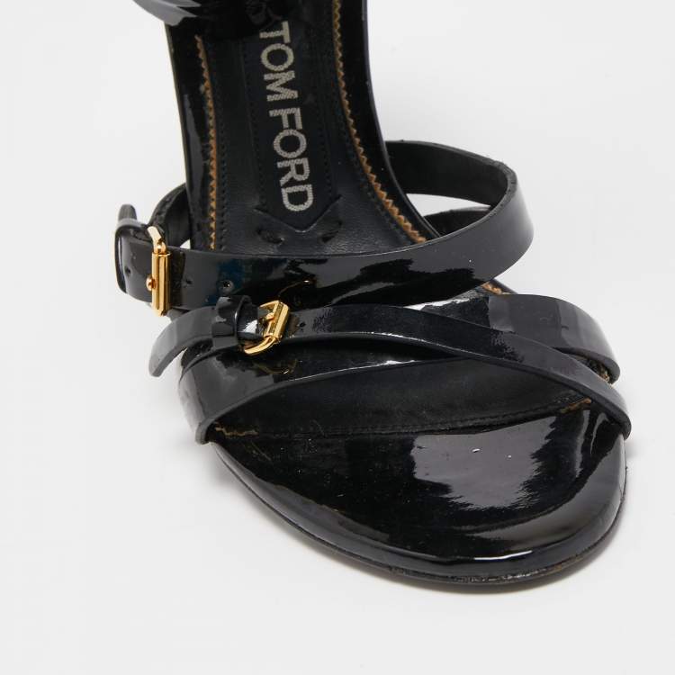 Pre Owned Tom Ford Black Patent Leather Triple Buckle Ankle Cuff Sandals Size 37