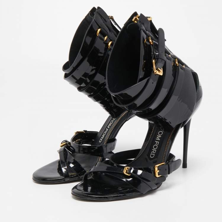 Pre Owned Tom Ford Black Patent Leather Triple Buckle Ankle Cuff Sandals Size 37