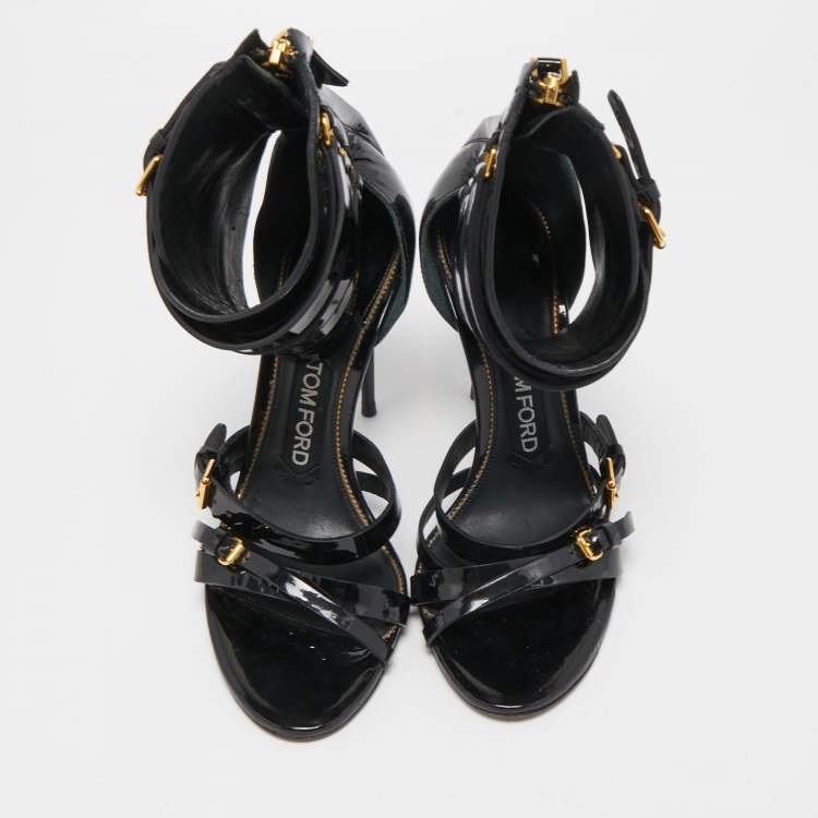 Pre Owned Tom Ford Black Patent Leather Triple Buckle Ankle Cuff Sandals Size 37