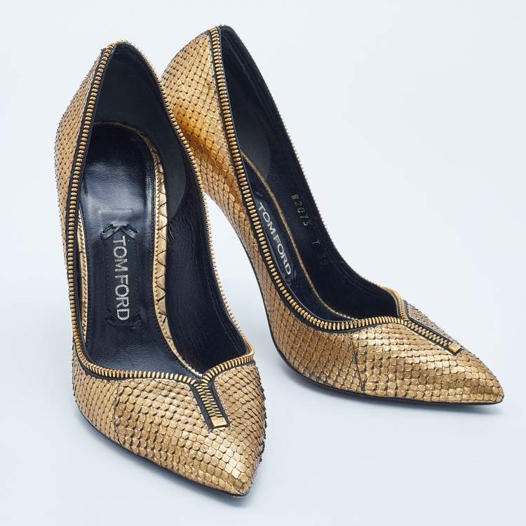 Pre Owned Tom Ford Metallic Gold Watersnake Leather Zipper Trim Pumps Size 38