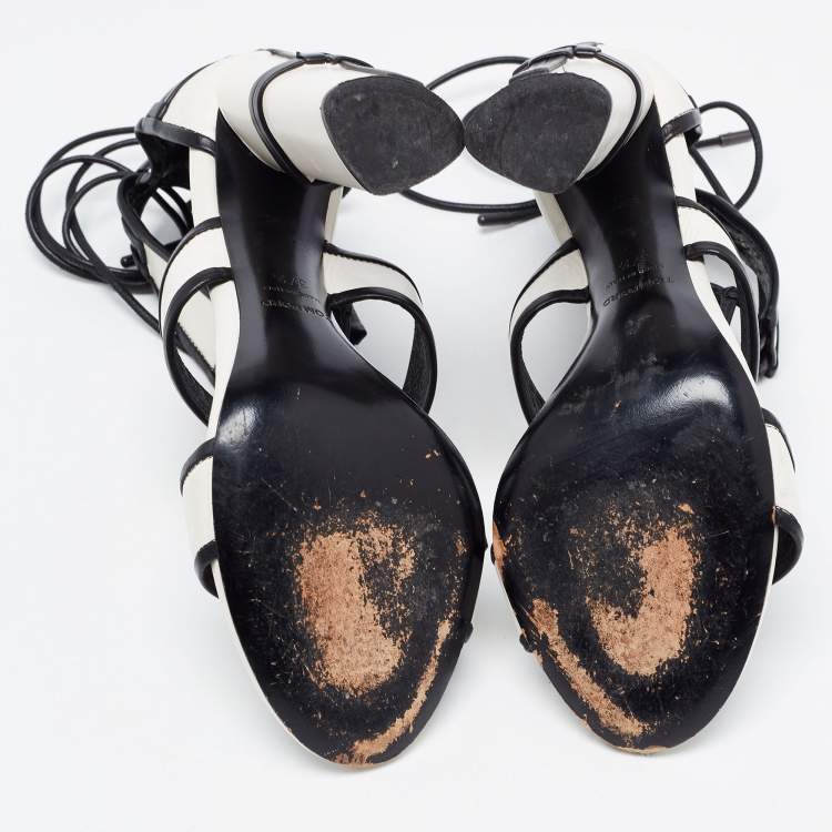 Pre Owned Tom Ford White/Black Paneled Leather Patchwork Ankle Strap Sandals Size 37.5