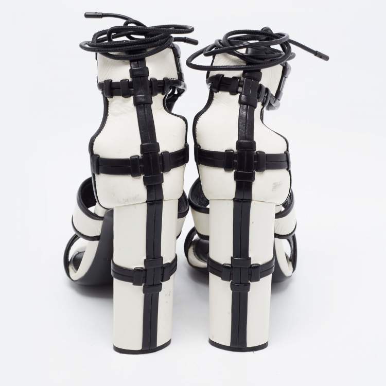 Pre Owned Tom Ford White/Black Paneled Leather Patchwork Ankle Strap Sandals Size 37.5
