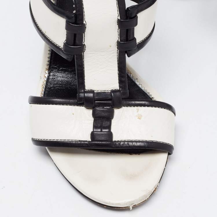 Pre Owned Tom Ford White/Black Paneled Leather Patchwork Ankle Strap Sandals Size 37.5