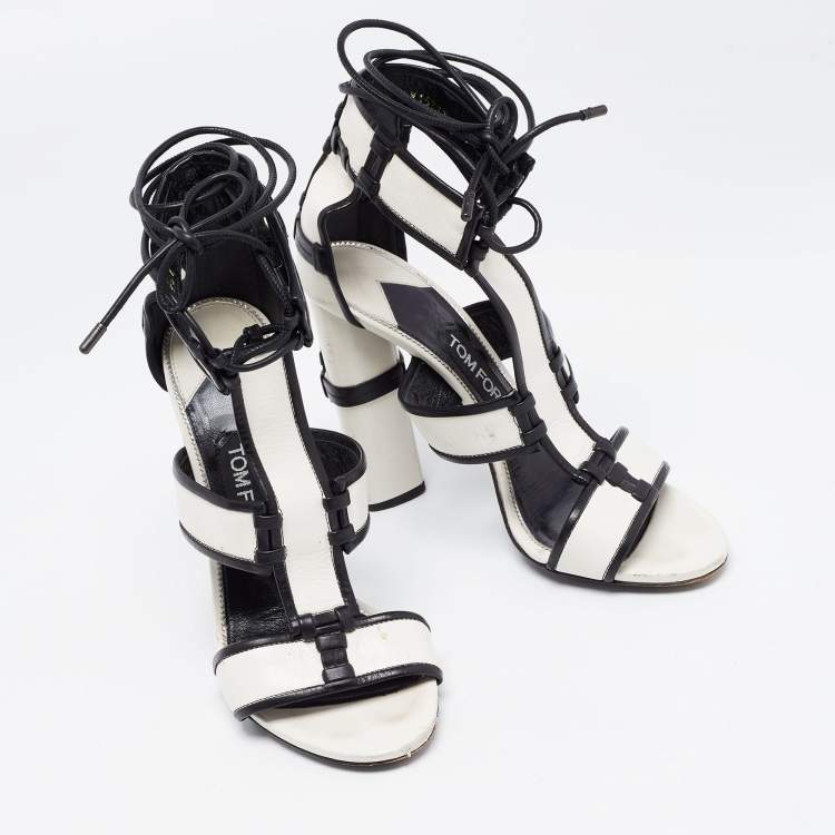 Pre Owned Tom Ford White/Black Paneled Leather Patchwork Ankle Strap Sandals Size 37.5
