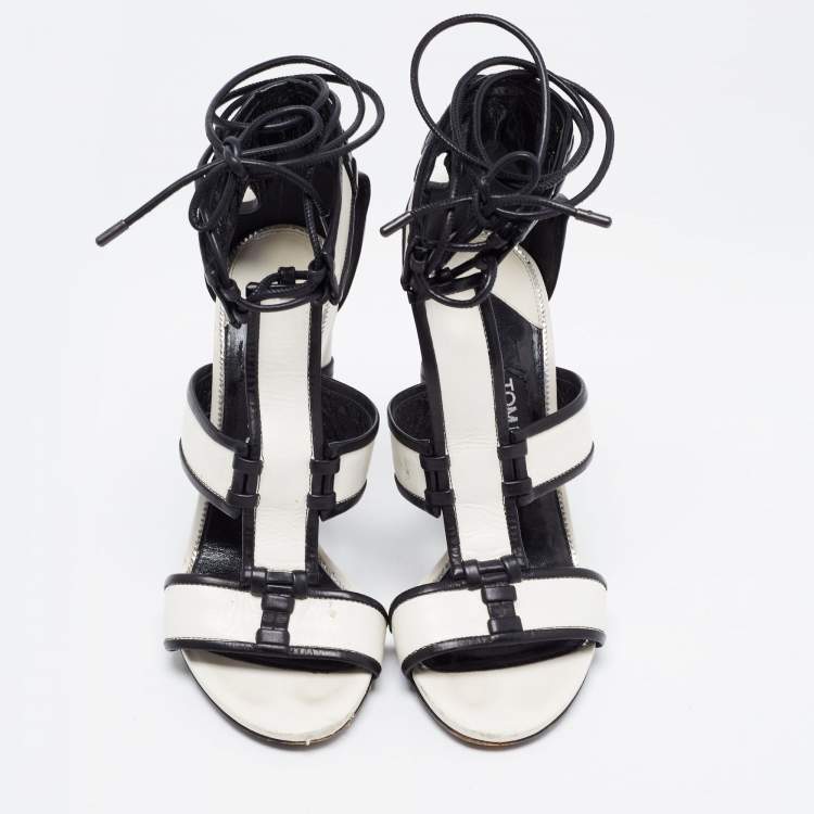 Pre Owned Tom Ford White/Black Paneled Leather Patchwork Ankle Strap Sandals Size 37.5