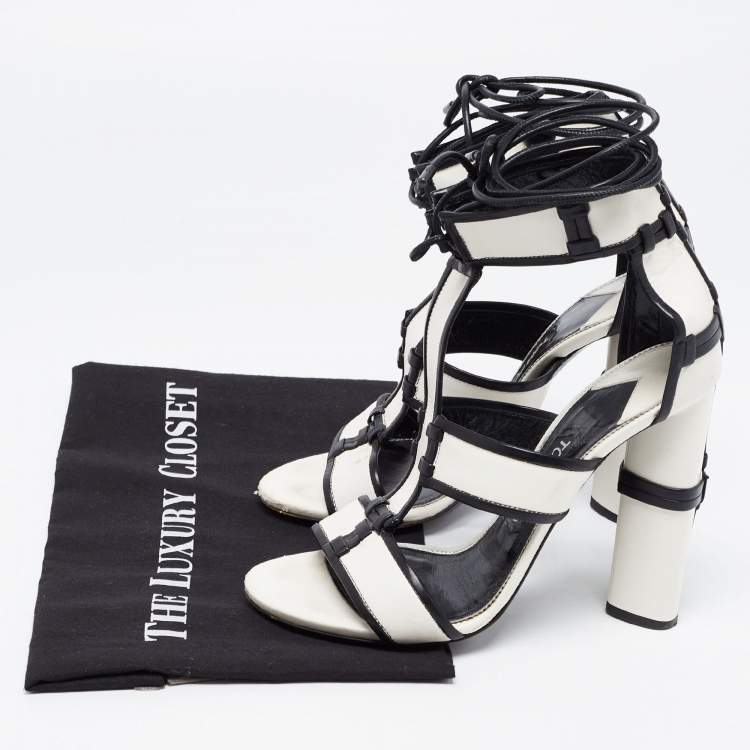 Pre Owned Tom Ford White/Black Paneled Leather Patchwork Ankle Strap Sandals Size 37.5