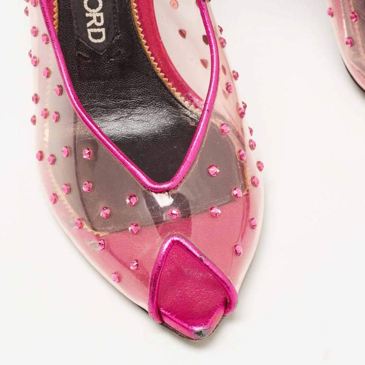 Pre Owned Tom Ford Purple/Transparent  PVC and Leather Crystal Embellished Slingback Pumps Size 38