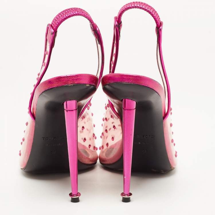 Pre Owned Tom Ford Purple/Transparent  PVC and Leather Crystal Embellished Slingback Pumps Size 38