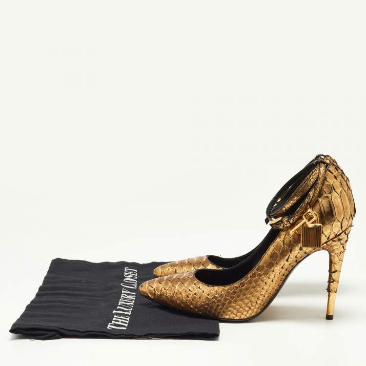 Pre Owned Tom Ford Gold Python Leather Padlock Pumps Size 37.5