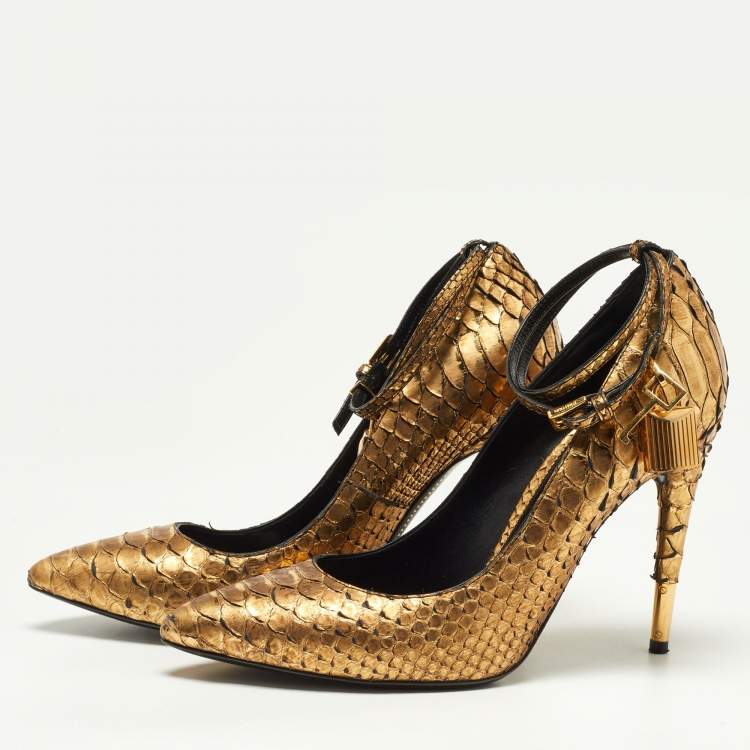 Pre Owned Tom Ford Gold Python Leather Padlock Pumps Size 37.5