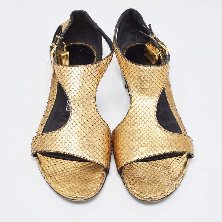 Pre Owned Tom Ford Gold Python Leather Ankle Wrap Flat Sandals Size 38