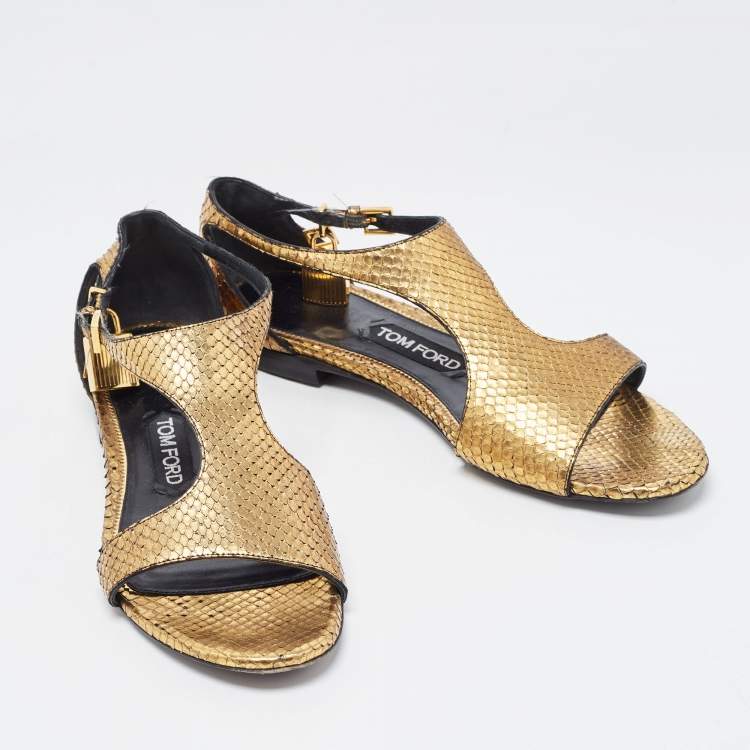 Pre Owned Tom Ford Gold Python Leather Ankle Wrap Flat Sandals Size 38