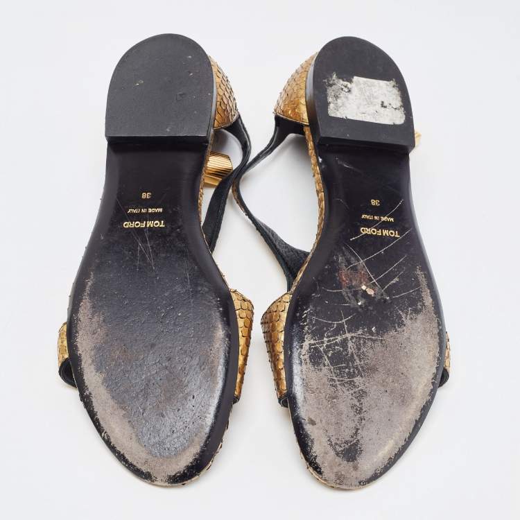 Pre Owned Tom Ford Gold Python Leather Ankle Wrap Flat Sandals Size 38