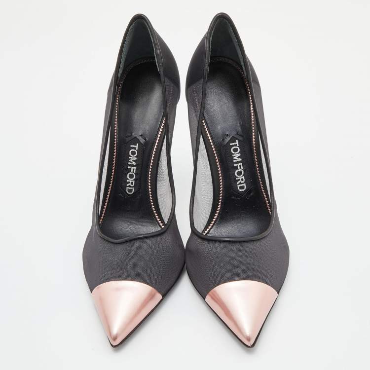 Pre Owned Tom Ford Black/Metallic Rose Pink Mesh and Leather Cap Pointed Toe Pumps Size 38.5