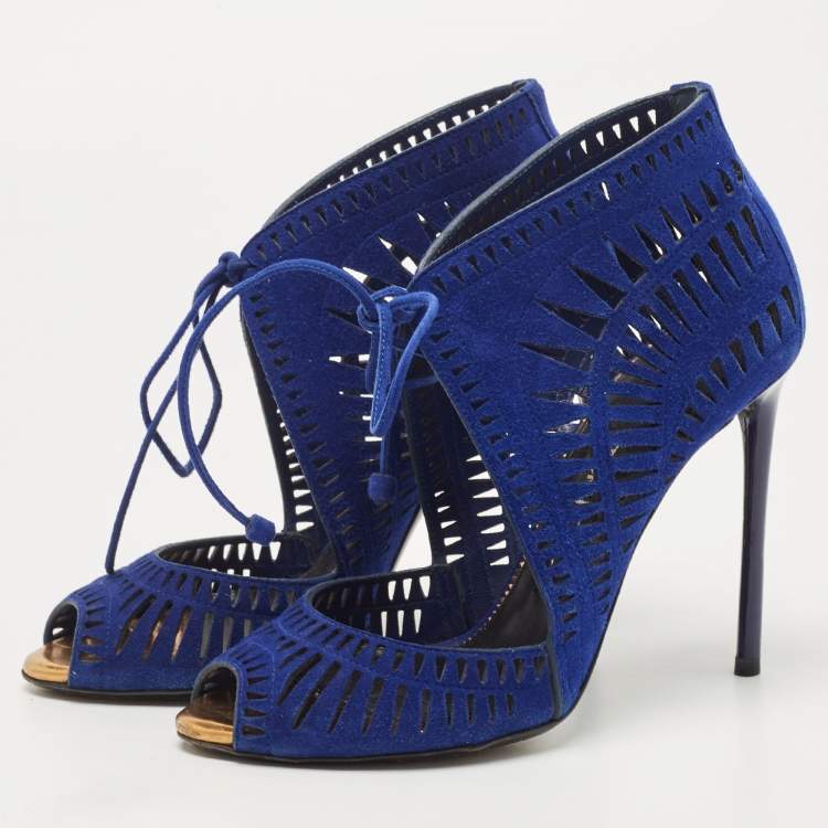 Pre Owned Tom Ford Blue Suede Laser Cut Sandals Size 37