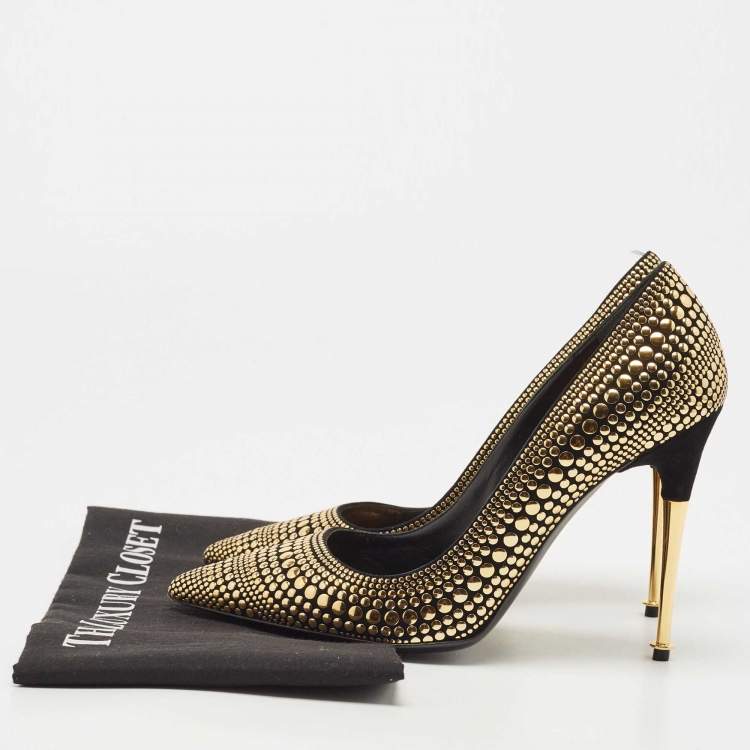 Pre Owned Tom Ford Black/Gold Studded Suede Pointed Toe Pumps Size 39