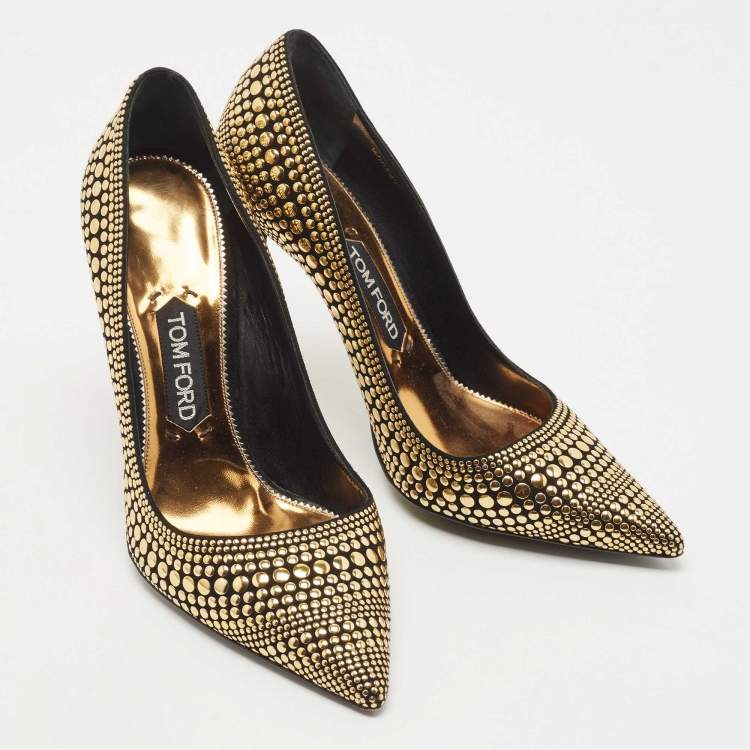 Pre Owned Tom Ford Black/Gold Studded Suede Pointed Toe Pumps Size 39