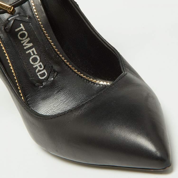 Pre Owned Tom Ford Black Leather Padlock Ankle Wrap Pumps Size 37
