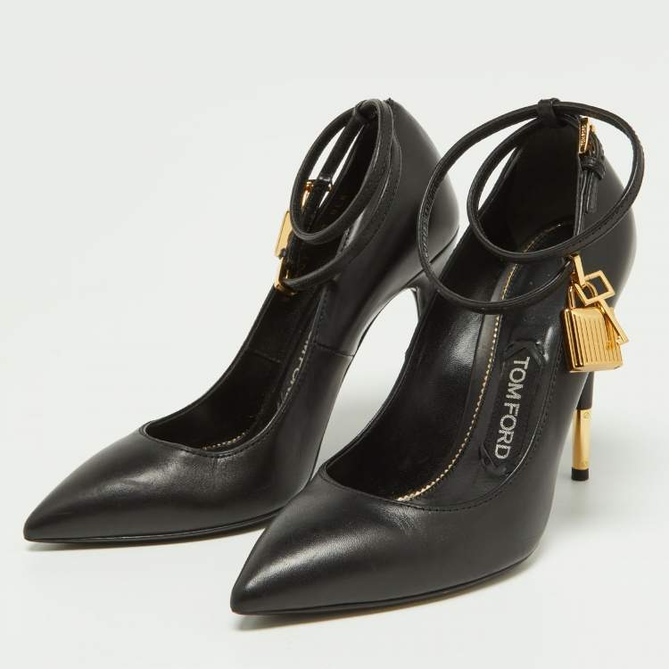 Pre Owned Tom Ford Black Leather Padlock Ankle Wrap Pumps Size 37