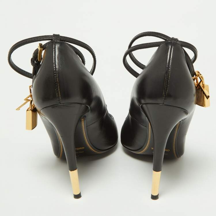 Pre Owned Tom Ford Black Leather Padlock Ankle Wrap Pumps Size 37