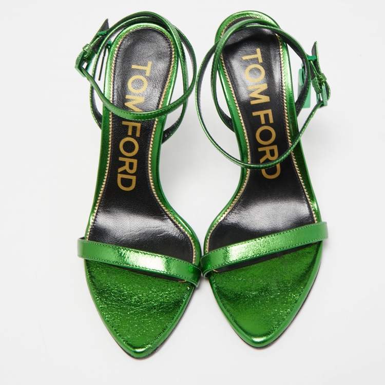 Pre Owned Tom Ford Metallic Green Leather  Padlock Ankle Strap Sandals Size 37