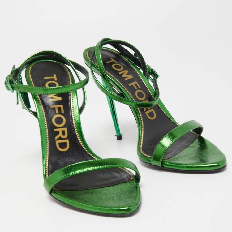 Pre Owned Tom Ford Metallic Green Leather  Padlock Ankle Strap Sandals Size 37