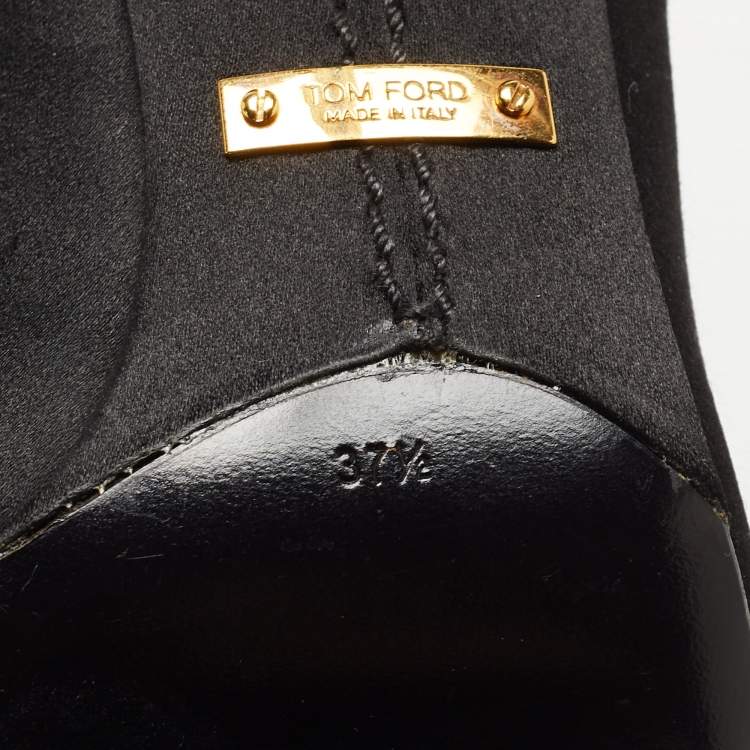 Pre Owned Tom Ford Black Satin Padlock Peep Toe Ankle Boots Size 37.5