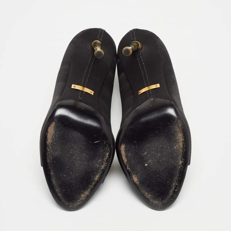 Pre Owned Tom Ford Black Satin Padlock Peep Toe Ankle Boots Size 37.5