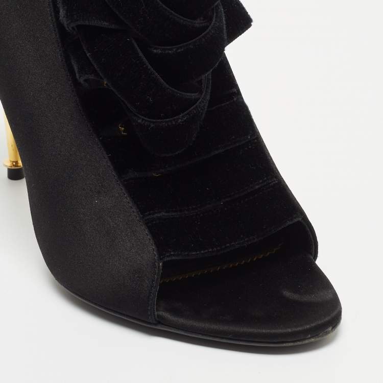 Pre Owned Tom Ford Black Satin Padlock Peep Toe Ankle Boots Size 37.5