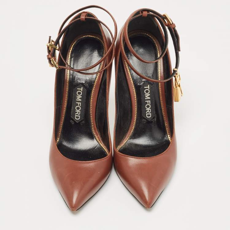 Pre Owned Tom Ford Brown Leather Padlock Pumps Size 38.5