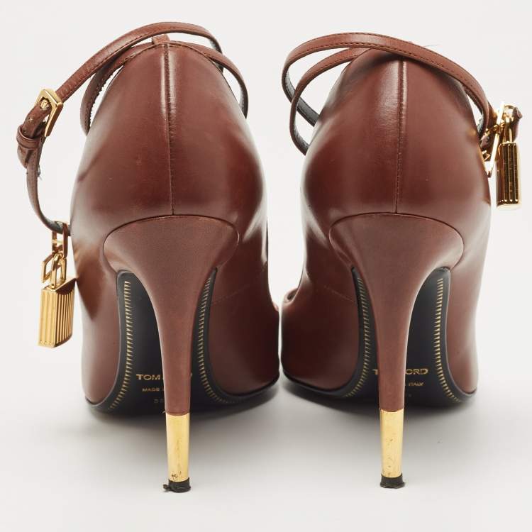 Pre Owned Tom Ford Brown Leather Padlock Pumps Size 38.5
