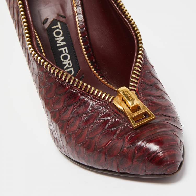 Pre Owned Tom Ford Burgundy Python Zipper Detail Pumps Size 38.5