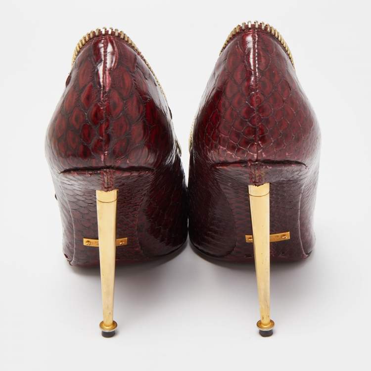 Pre Owned Tom Ford Burgundy Python Zipper Detail Pumps Size 38.5