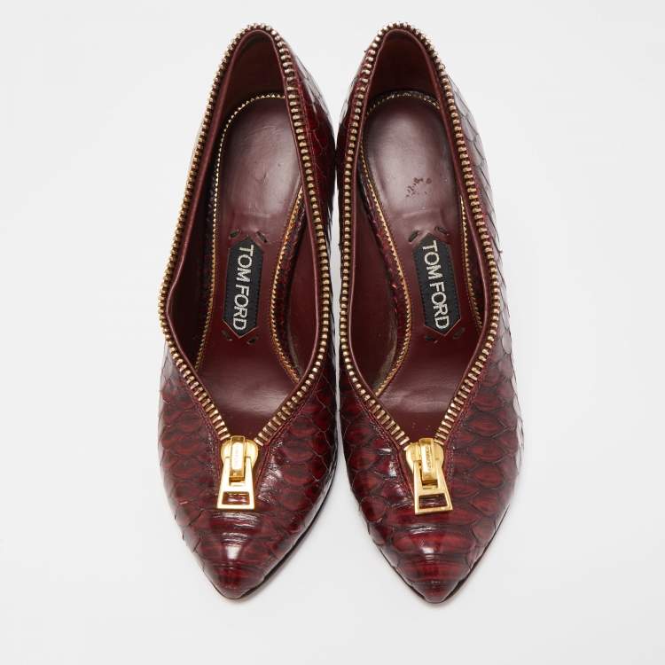 Pre Owned Tom Ford Burgundy Python Zipper Detail Pumps Size 38.5