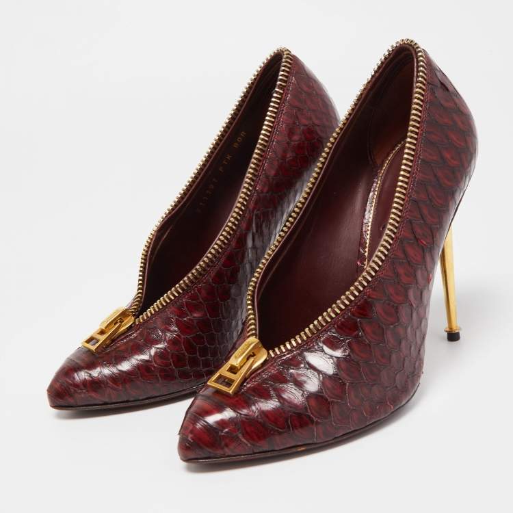 Pre Owned Tom Ford Burgundy Python Zipper Detail Pumps Size 38.5