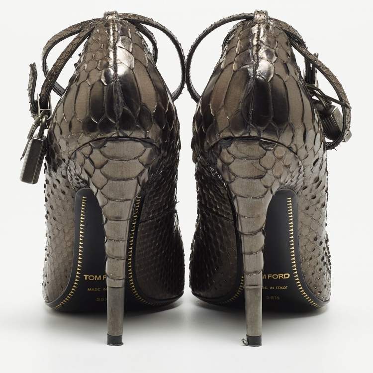 Pre Owned Tom Ford Grey Metallic Python Padlock Ankle Wrap Pumps Size 36.5