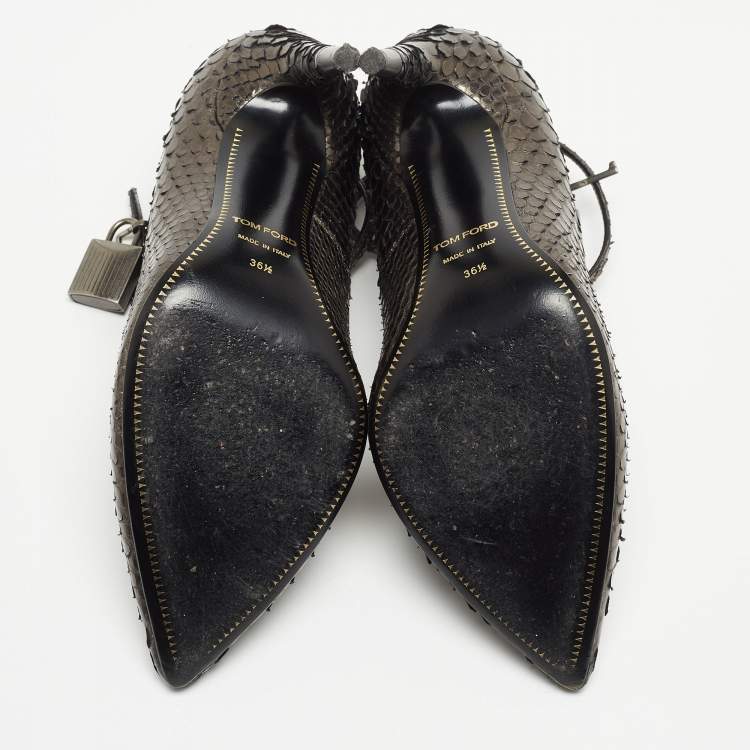 Pre Owned Tom Ford Grey Metallic Python Padlock Ankle Wrap Pumps Size 36.5
