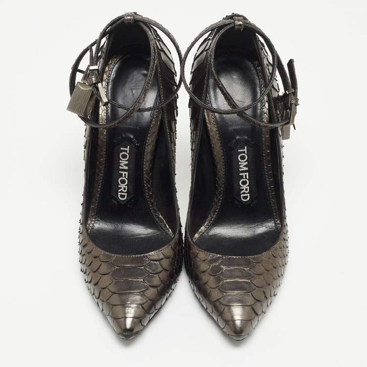 Pre Owned Tom Ford Grey Metallic Python Padlock Ankle Wrap Pumps Size 36.5
