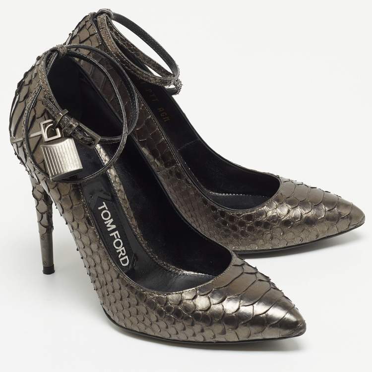 Pre Owned Tom Ford Grey Metallic Python Padlock Ankle Wrap Pumps Size 36.5