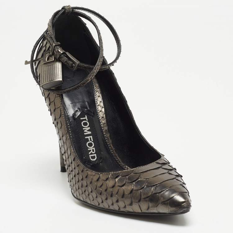 Pre Owned Tom Ford Grey Metallic Python Padlock Ankle Wrap Pumps Size 36.5