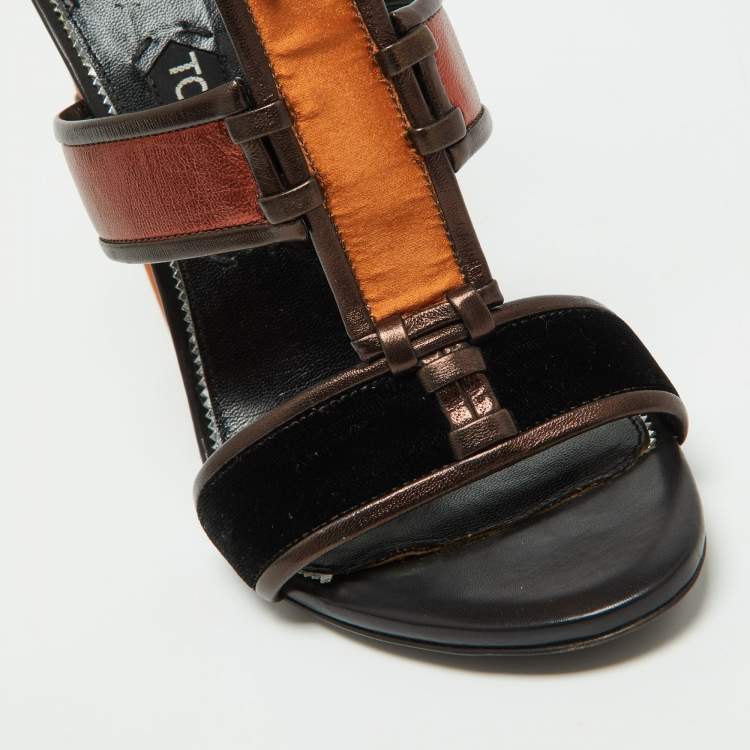 Pre Owned Tom Ford Multicolor Velvet and Leather Panelled Patchwork Ankle Strap Sandals Size 39