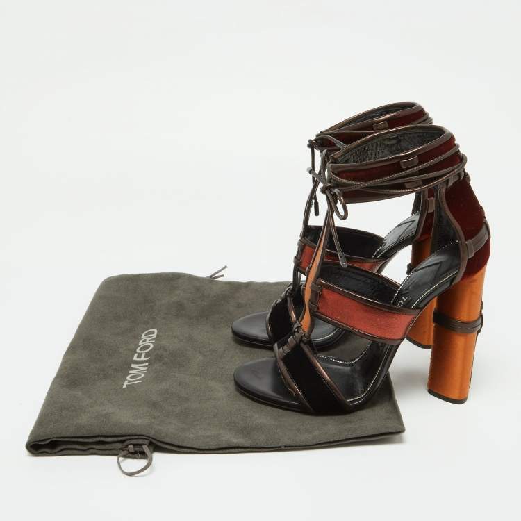 Pre Owned Tom Ford Multicolor Velvet and Leather Panelled Patchwork Ankle Strap Sandals Size 39