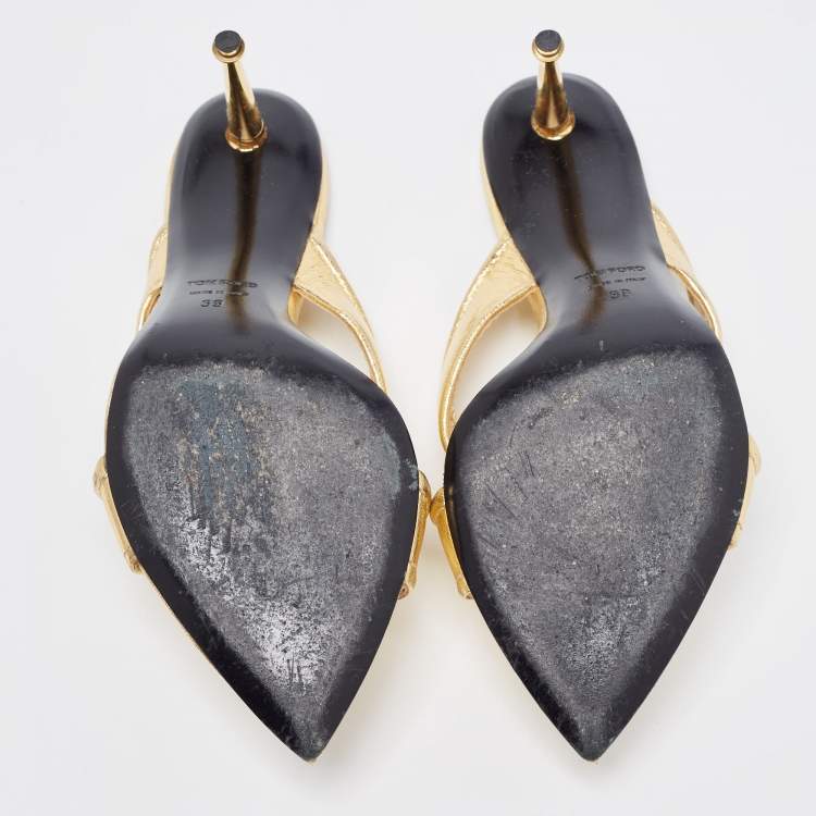 مملوكة مسبقًا Tom Ford Foil Leather Criss Cross Slide Sandals Size 39