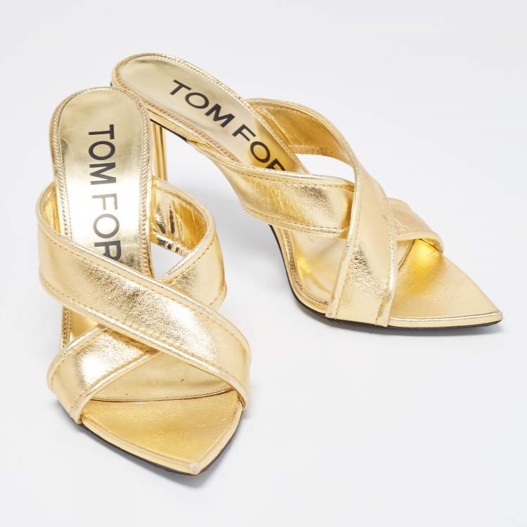 مملوكة مسبقًا Tom Ford Foil Leather Criss Cross Slide Sandals Size 39