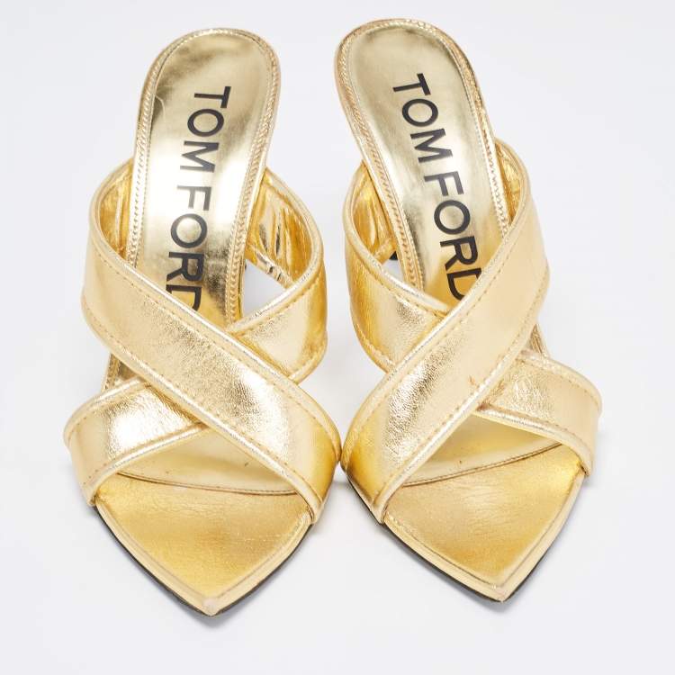 مملوكة مسبقًا Tom Ford Foil Leather Criss Cross Slide Sandals Size 39