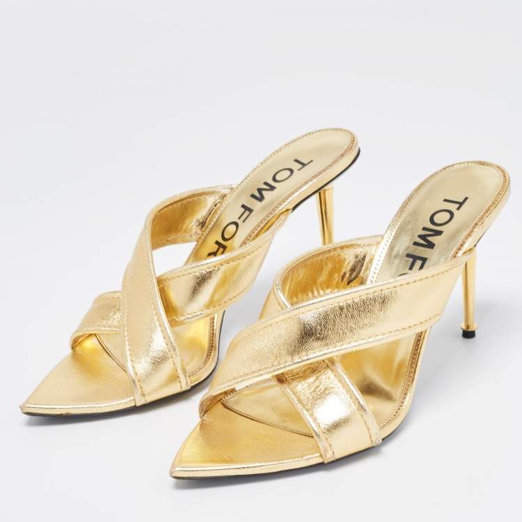 مملوكة مسبقًا Tom Ford Foil Leather Criss Cross Slide Sandals Size 39